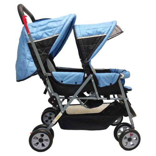 Carriola Doble para Bebe y Niño Gemelar Plegable 8 llantas  - Azul.