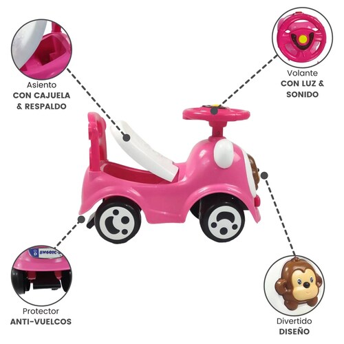 Montable Correpasillos con Sonido,Luz,Cajuela Chango Rosa  - Rosa