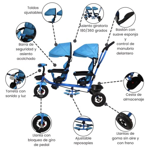 Triciclo para Niños Gemelar Doble Giratorio 360,Luz,Sonido  - Azul.