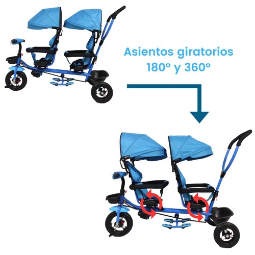 Triciclo para Niños Gemelar Doble Giratorio 360,Luz,Sonido  - Azul.