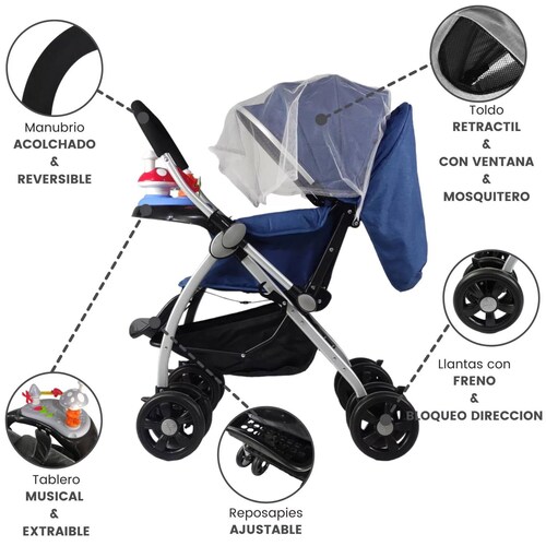 Carriola Reversible con Tablero 3 Reclinado Toldo Plegable  - Azul