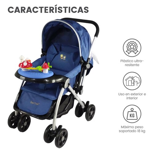 Carriola Reversible con Tablero 3 Reclinado Toldo Plegable  - Azul