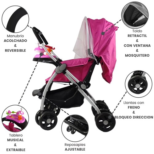 Carriola Reversible con Tablero 3 Reclinado Toldo Plegable  - Rosa