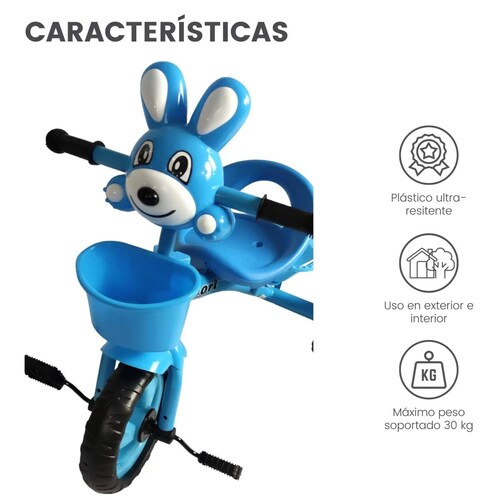Triciclo para Niños Infantil con Canasto con Luz y Sonido Conejo  - Azul.