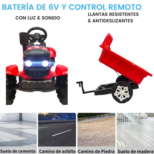 Tractor Montable Electrico con Remolque Control Remoto  - Rojo.