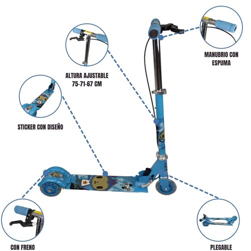 Patin del Diablo Scooter Tres Llantas con Luz y Freno de Mano  - Azul.