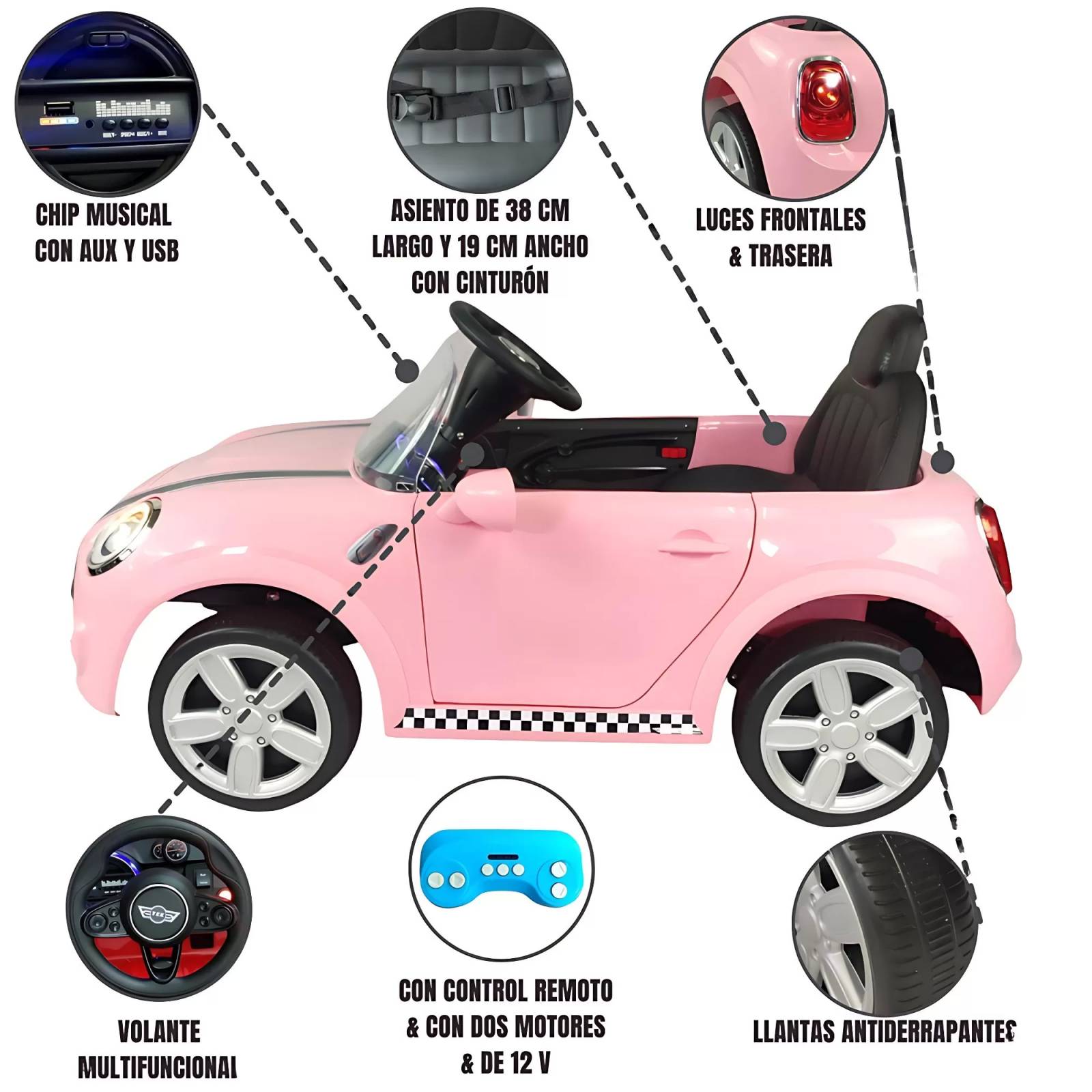 Carro electrico para ninos con control remoto 12V cooper Rosa