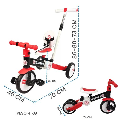 Triciclo para Niños 4 en 1 Bicicleta de Equilibrio y Balance  - Rojo.