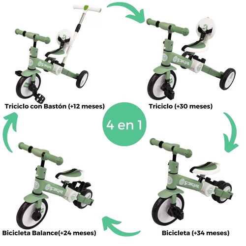 Triciclo para Niños 4 en 1 Bicicleta de Equilibrio y Balance  - Verde.