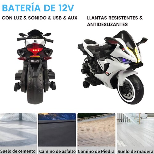 Motocicleta Montable Eléctrica Tres Ruedas Luz LED 12v  - Blanco