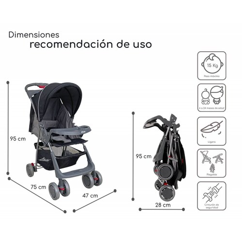 Carriola para Bebe Ultra Plegable Con Charola,6 a 24 meses 15kg  - Negro.