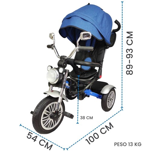 Triciclo para Niños 8en1 con Asiento Giratorio y Reclinable, sonido  - Azul.