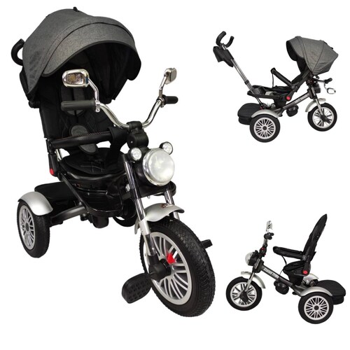Triciclo para Niños 8en1 con Asiento Giratorio y Reclinable, sonido  - Gris.