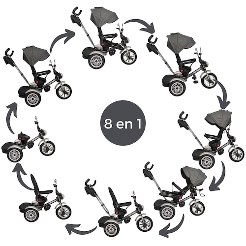 Triciclo para Niños 8en1 con Asiento Giratorio y Reclinable, sonido  - Gris.