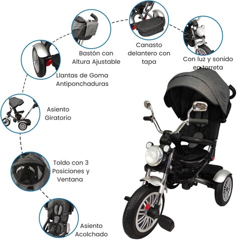 Triciclo para Niños 8en1 con Asiento Giratorio y Reclinable, sonido  - Gris.