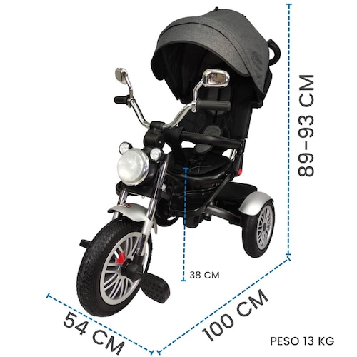 Triciclo para Niños 8en1 con Asiento Giratorio y Reclinable, sonido  - Gris.