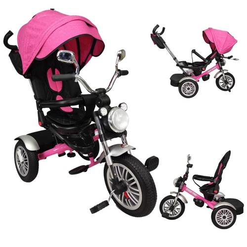 Triciclo para Niños 8en1 con Asiento Giratorio y Reclinable, sonido  - Rosa.