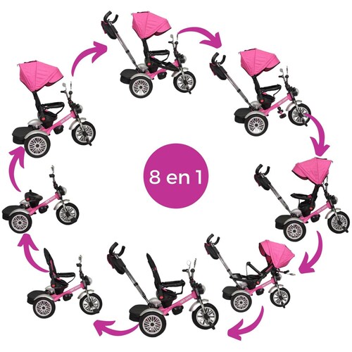 Triciclo para Niños 8en1 con Asiento Giratorio y Reclinable, sonido  - Rosa.
