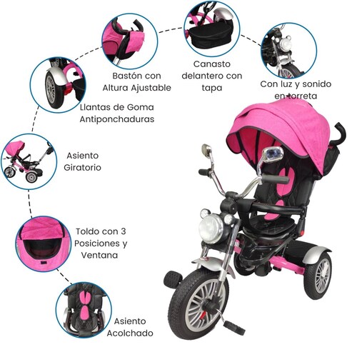 Triciclo para Niños 8en1 con Asiento Giratorio y Reclinable, sonido  - Rosa.