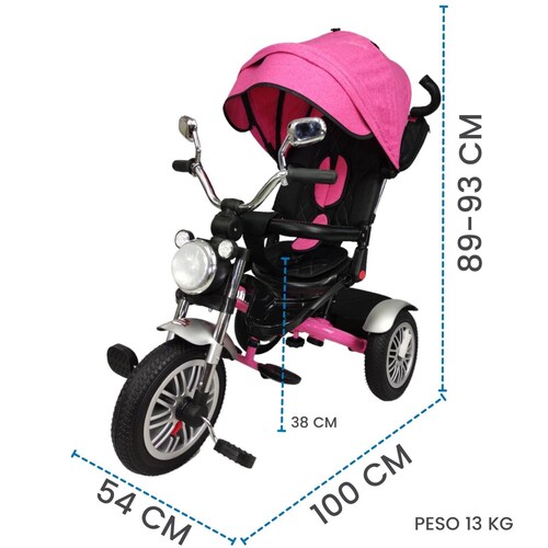 Triciclo para Niños 8en1 con Asiento Giratorio y Reclinable, sonido  - Rosa.