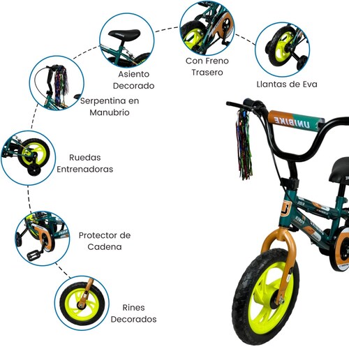 Bicicleta para Niños Rodada 12 Verde con ruedas de entrenamiento  - Verde.