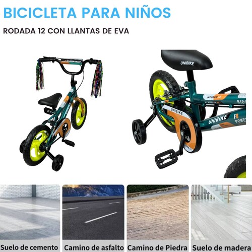 Bicicleta para Niños Rodada 12 Verde con ruedas de entrenamiento  - Verde.