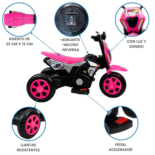 Motocicleta Montable para Niños 3 Ruedas Sonido,luz 6V  - Rosa.