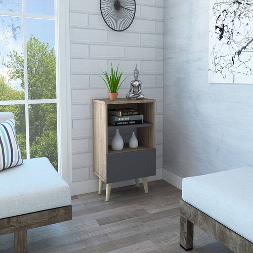 MESA AUXILIAR SALEM MARCA EXCELSIOR COLOR MIEL Y PLOMO.