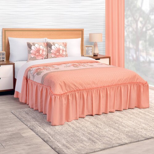 Colcha Con Cojines  King Size Salmón Flora.
