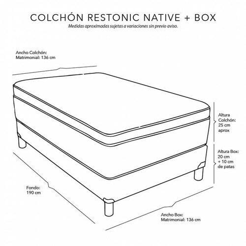 Colchón Matrimonial Restonic Native + Box Black Dicasa + Sábanas + 1 Almohada de Osos