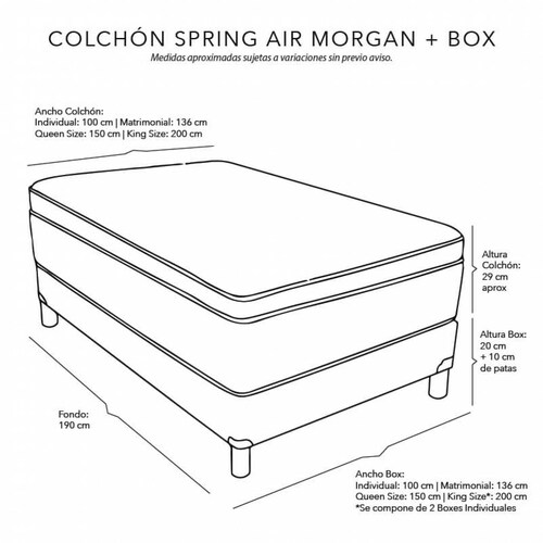Colchón Queen Size Spring Air Morgan + Box  Black Dicasa + 2 Almohadas Luxury