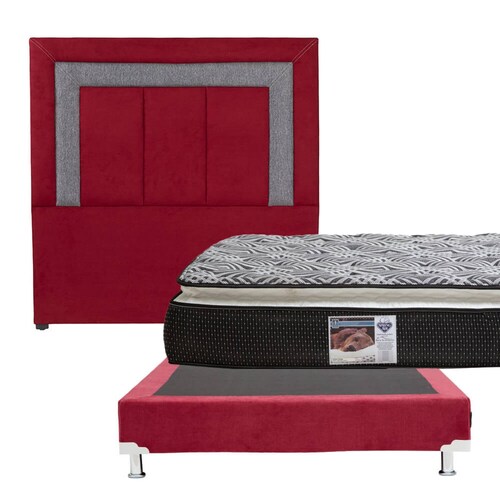 Colchon Matrimonial Spring Air Omega Con Cabecera Bora y Box Rojo Con Gris