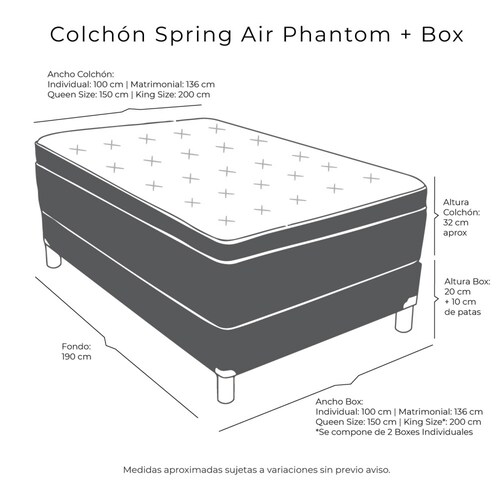 Colchon Queen Size Spring Air Phantom Con Box Negro y Almohadas 2 Pack