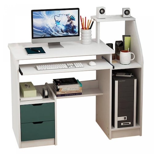 Escritorio para computadora con estantes, puertas color turquesa