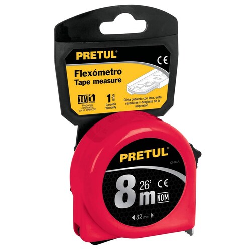 Flexómetro rojo 8m cinta 25 mm, Pretul tarjeta plástica Pretul 