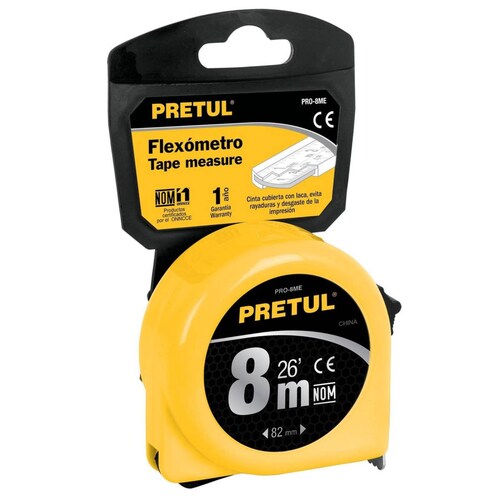 Flexómetro Amarillo 8m Cinta 1' Tarjeta Plást Pretul 