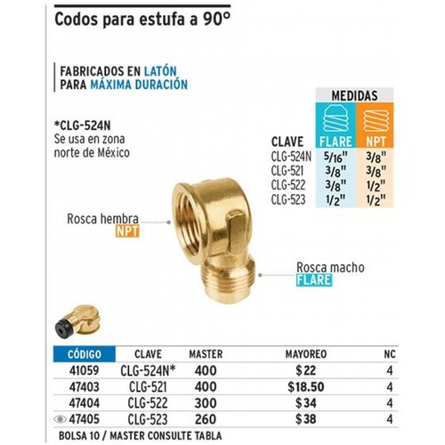 Codo Para Estufa A 90 De Latón 5/16' X 3/8' Foset 