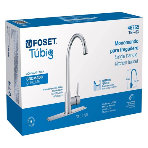 Monomando para fregadero, cuello alto, cromo, Foset 