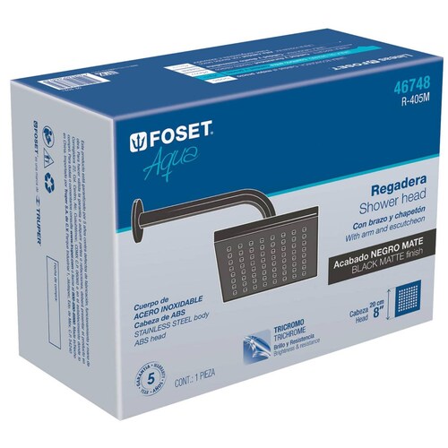 Regadera cuadrada 8, ABS, con brazo, negro, Aqua 