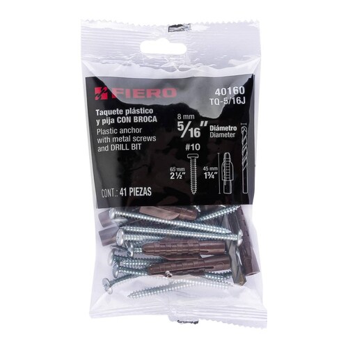 Kit de 20 taquetes 5/16'con pijas #10 y 1 broca 5/16', Fiero 