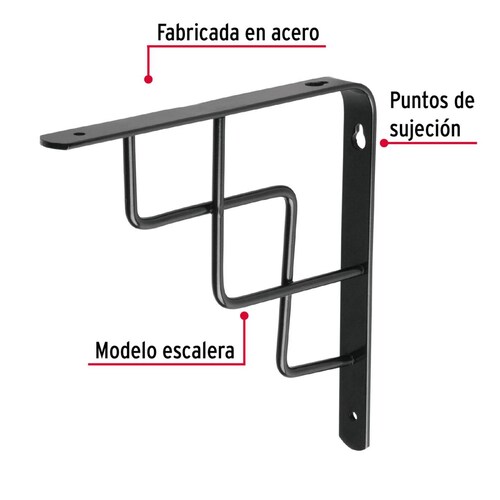 Ménsula reforzada negra 8 x 8' diseño escalera, Fiero. 1 pza 