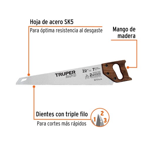 Serrucho Rapid 22', 7 DPP, mango de madera, Truper 