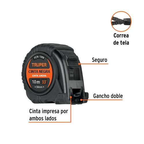 Flexómetro contra impactos 10 m, Cinta Negra 32 mm, Truper 