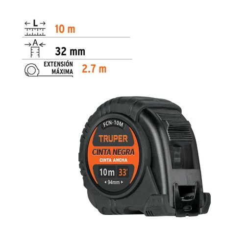 Flexómetro contra impactos 10 m, Cinta Negra 32 mm, Truper 
