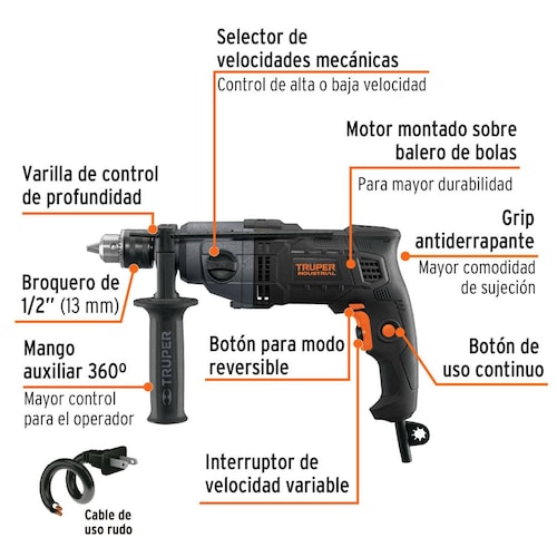 Taladro 1/2', 800W dos velocidades, TRUPER INDUSTRIAL 