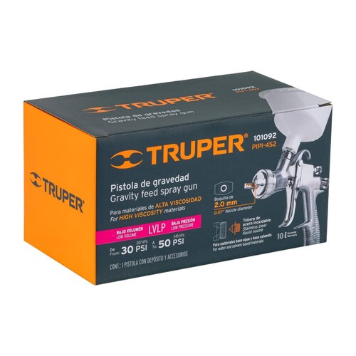 Pistola p/pintar gravedad LVLP vaso plástico, 2 mm, Truper 