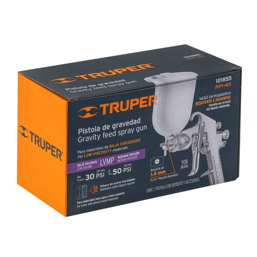 Pistola p/pintar gravedad LVMP vaso plástico, 1.4 mm, Truper 