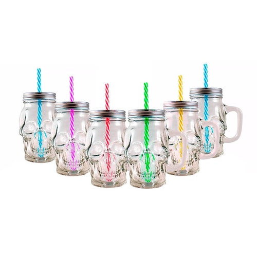 6pz Frascos Calavera con Tapa Y Popote Mason Jars Skull 16oz (473ml)