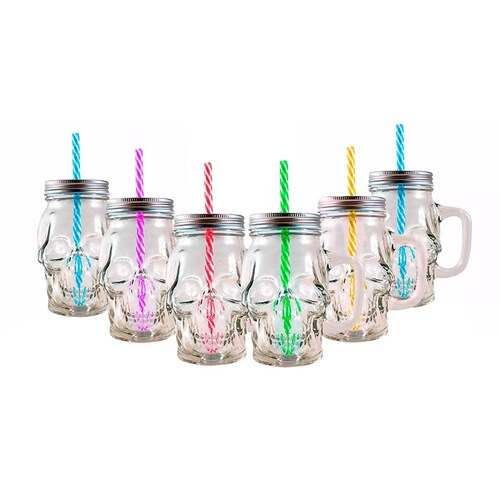 12pz Frasco Calavera con Tapa Y Popote Mason Jars Skull 16oz (473ml)