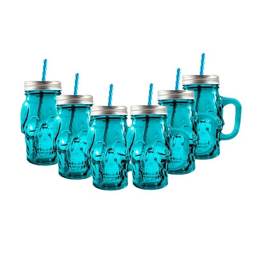 6pz Tarro Calavera con Tapa Y Popote Mason Jars 16oz Elegir Color